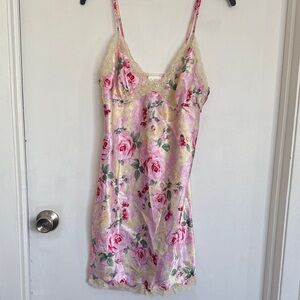Secret Treasures Pink Floral Satin Chemise with Cream Lace